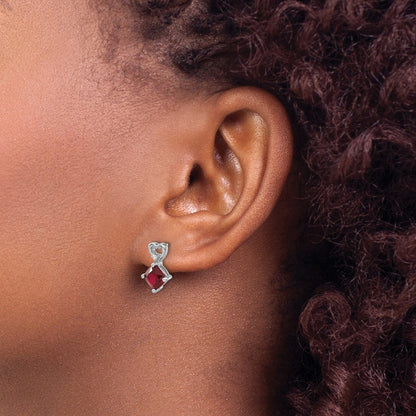 14k White Gold Created Ruby and Real Diamond Heart Earrings