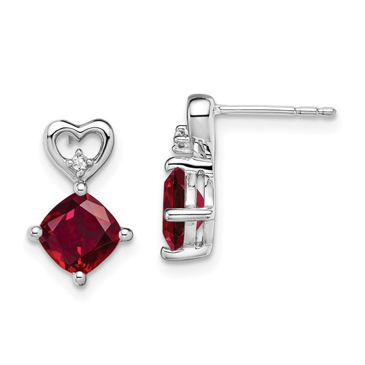 14k White Gold Created Ruby and Real Diamond Heart Earrings