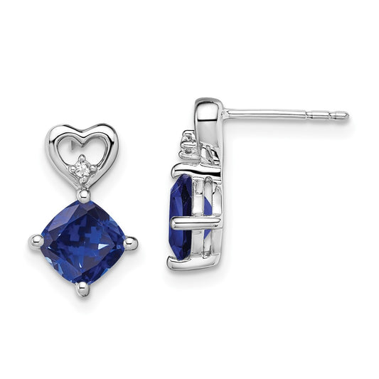 Solid 14k White Gold Created Simulated Sapphire and CZ Heart Earrings