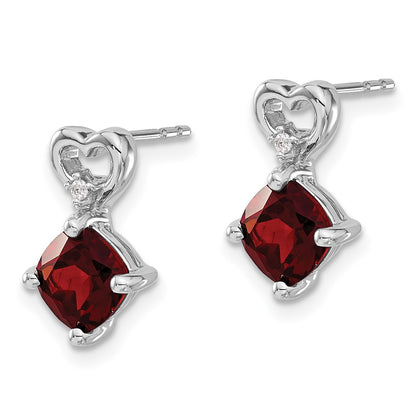 14k White Gold Garnet and Real Diamond Heart Earrings