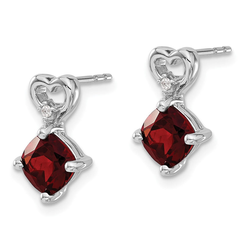 14k White Gold Garnet and Real Diamond Heart Earrings