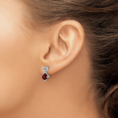 14k White Gold Garnet and Real Diamond Heart Earrings