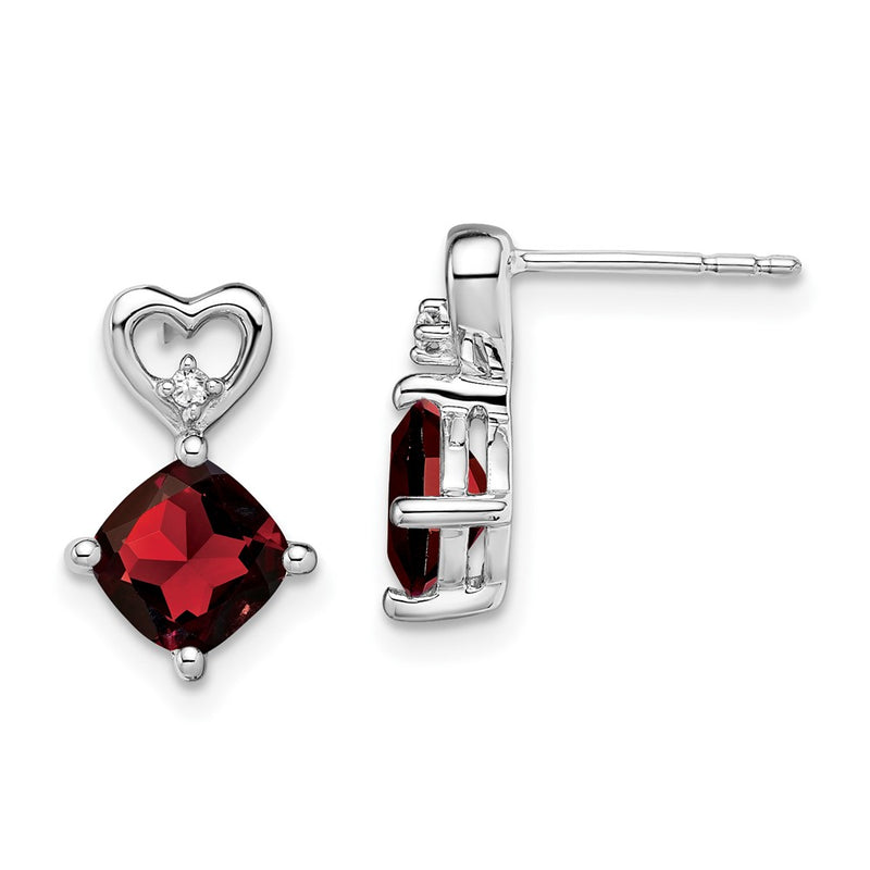 14k White Gold Garnet and Real Diamond Heart Earrings