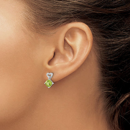 14k White Gold Peridot and Real Diamond Heart Earrings