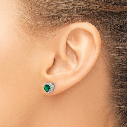 Sterling Silver Created Emerald and Real Diamond Earrings