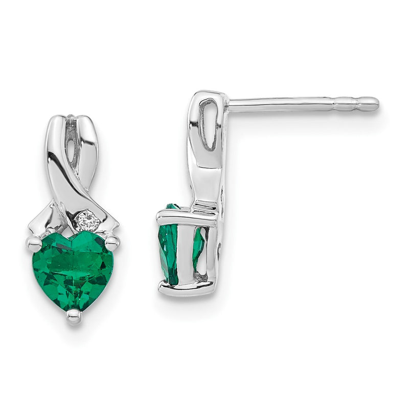 Sterling Silver Created Emerald and Real Diamond Earrings