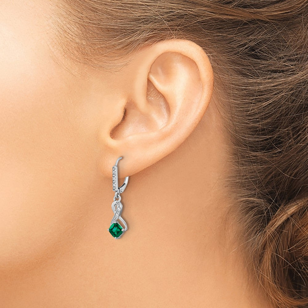 Sterling Silver Created Emerald and Real Diamond Earrings