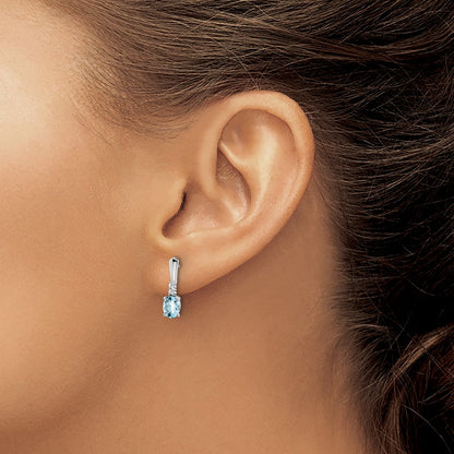 Solid 14k White Gold Oval Simulated Aquamarine and CZ Dangle Earrings