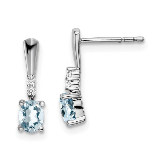 Solid 14k White Gold Oval Simulated Aquamarine and CZ Dangle Earrings