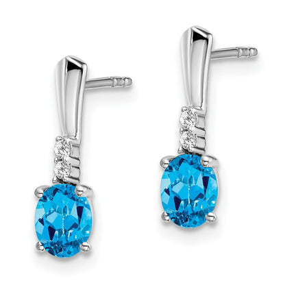 14k White Gold Oval Blue Topaz and Real Diamond Dangle Earrings