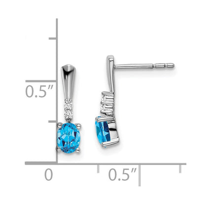 14k White Gold Oval Blue Topaz and Real Diamond Dangle Earrings