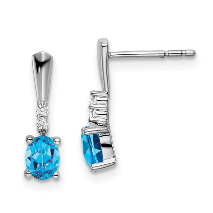 14k White Gold Oval Blue Topaz and Real Diamond Dangle Earrings
