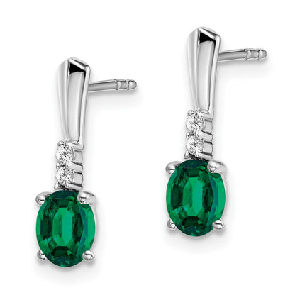 14k White Gold Oval Created Emerald and Real Diamond Dangle Earrings