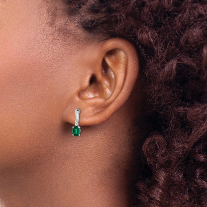 14k White Gold Oval Created Emerald and Real Diamond Dangle Earrings