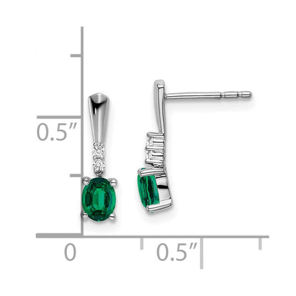 14k White Gold Oval Created Emerald and Real Diamond Dangle Earrings