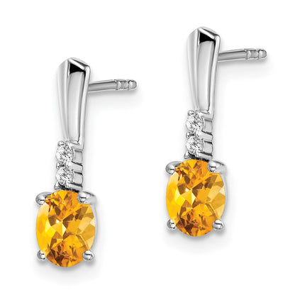14k White Gold Oval Citrine and Real Diamond Dangle Earrings