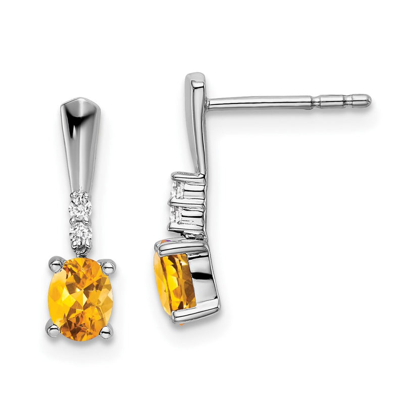 14k White Gold Oval Citrine and Real Diamond Dangle Earrings