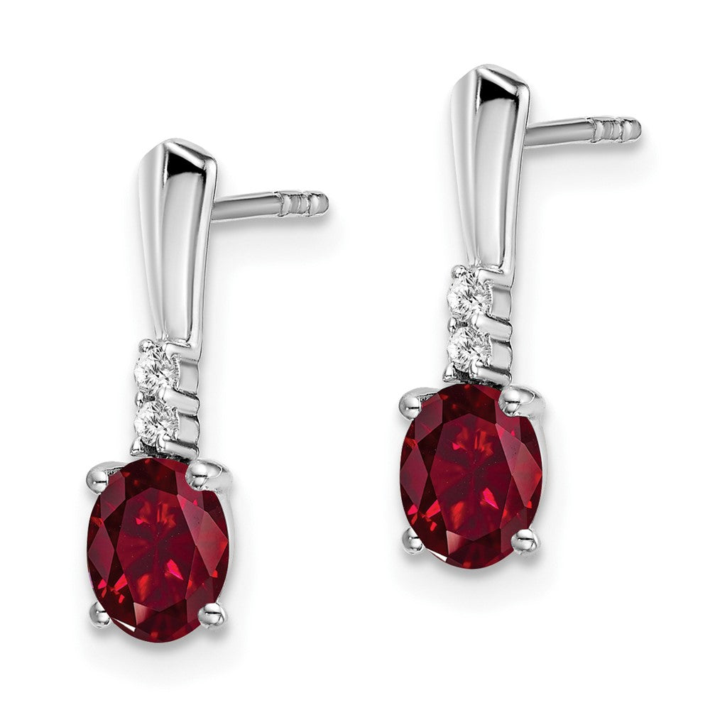 14k White Gold Oval Created Ruby and Real Diamond Dangle Earrings