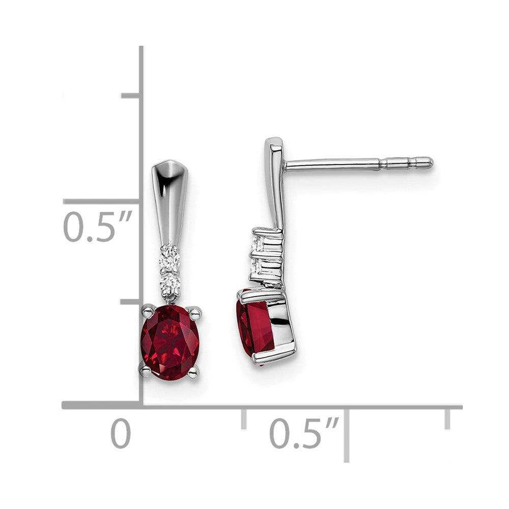 14k White Gold Oval Created Ruby and Real Diamond Dangle Earrings