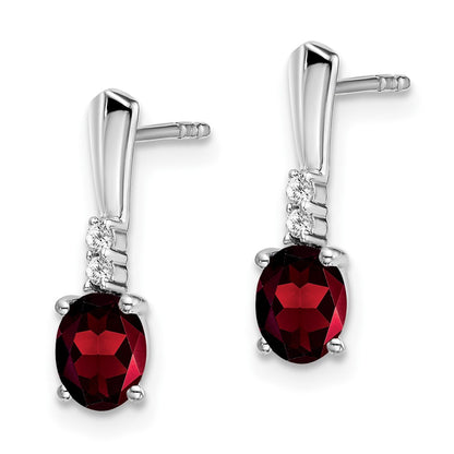 14k White Gold Oval Garnet and Real Diamond Dangle Earrings