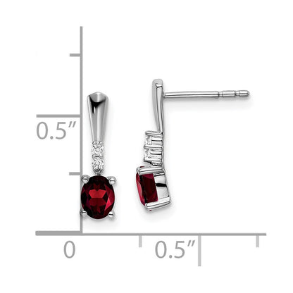 14k White Gold Oval Garnet and Real Diamond Dangle Earrings