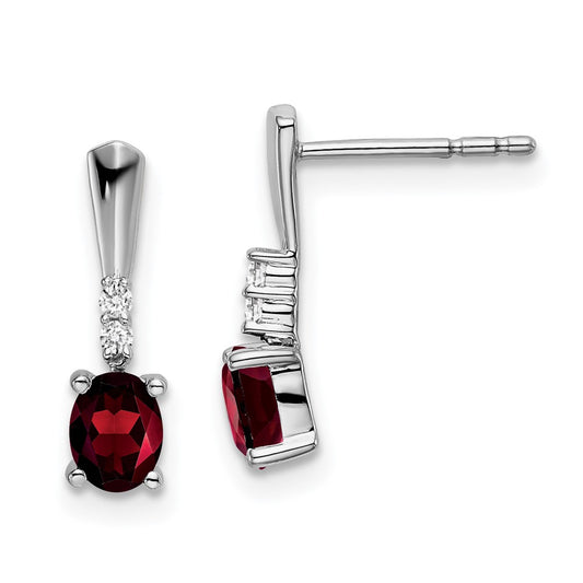 14k White Gold Oval Garnet and Real Diamond Dangle Earrings