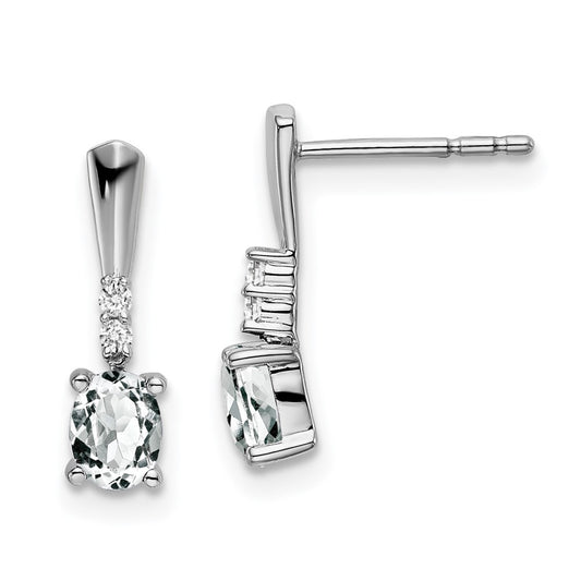 14k White Gold Oval White Topaz and Real Diamond Dangle Earrings