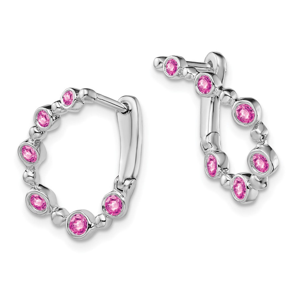 14k White Gold Created Pink Sapphire Teardrop Hoop Earrings