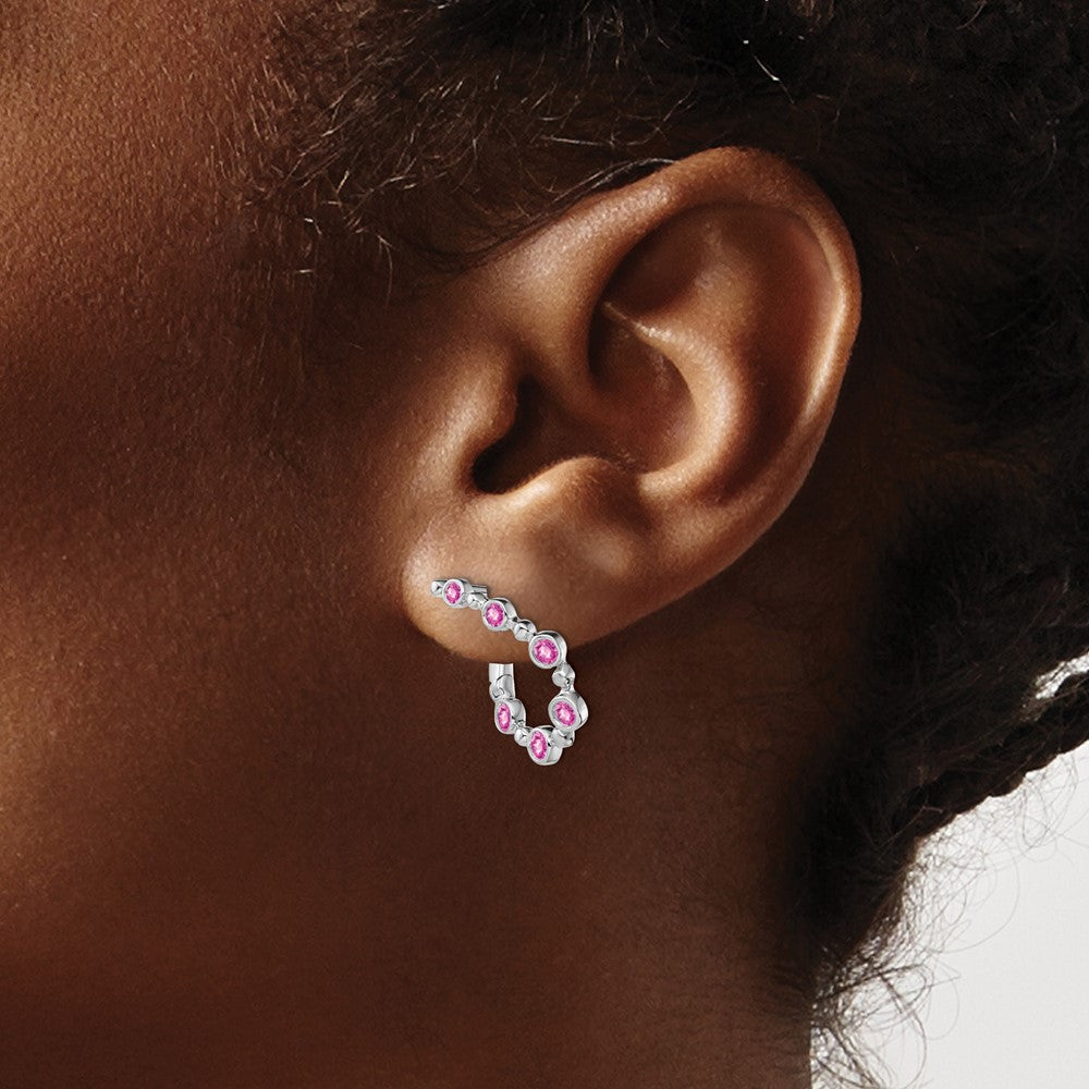 14k White Gold Created Pink Sapphire Teardrop Hoop Earrings