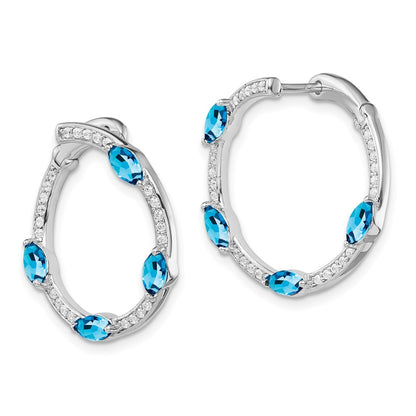 14k White Gold Blue Topaz and Real Diamond Hoop Earrings