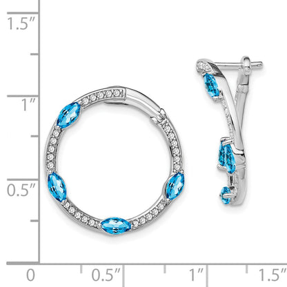 14k White Gold Blue Topaz and Real Diamond Hoop Earrings