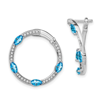 14k White Gold Blue Topaz and Real Diamond Hoop Earrings
