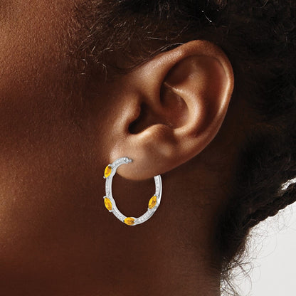 14k White Gold Citrine and Real Diamond Hoop Earrings