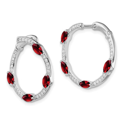 14k White Gold Garnet and Real Diamond Hoop Earrings