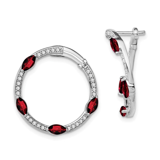 14k White Gold Garnet and Real Diamond Hoop Earrings
