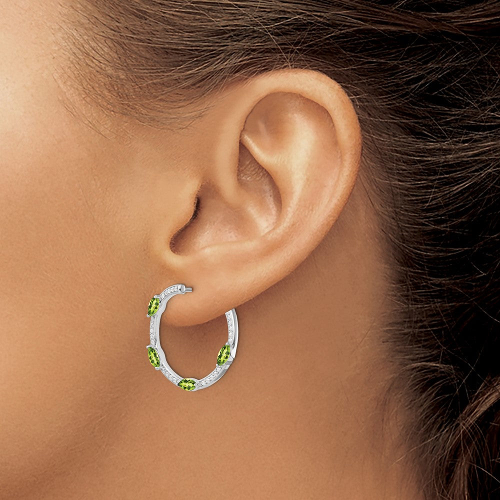 14k White Gold Peridot and Real Diamond Hoop Earrings