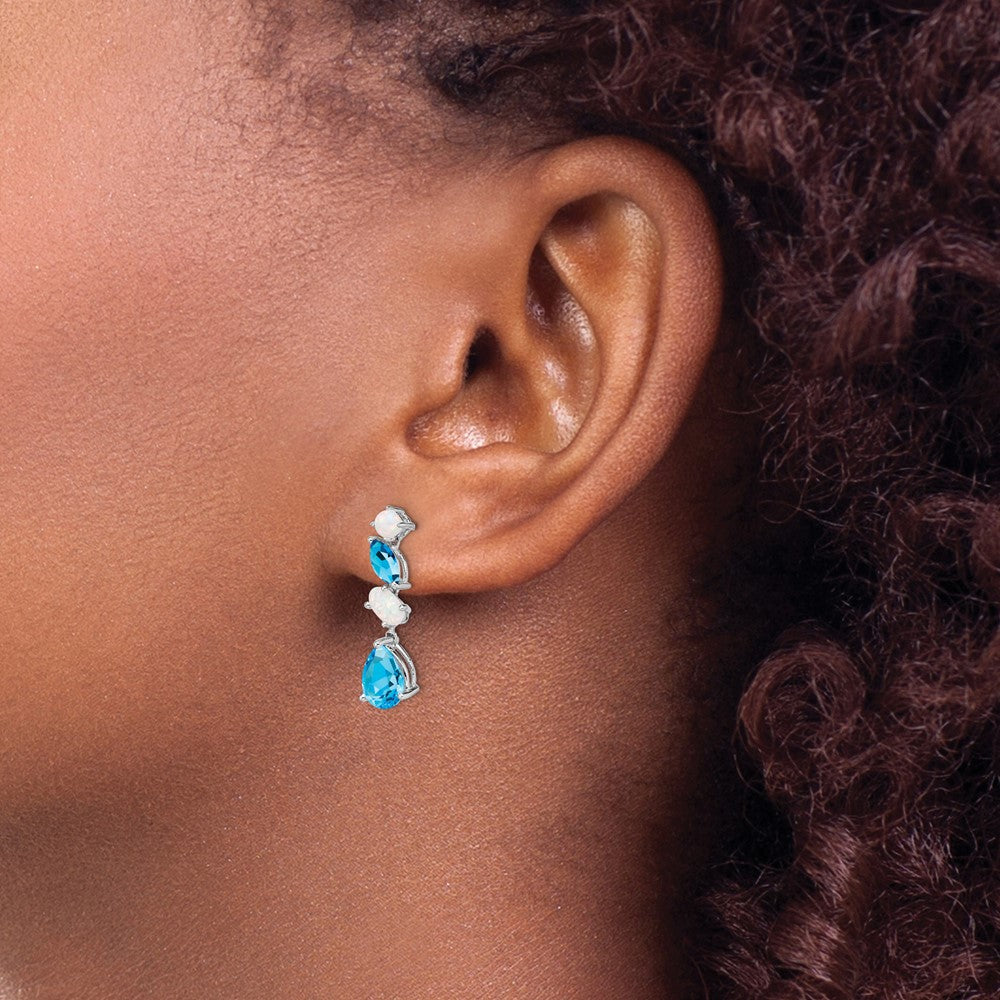 14k White Gold Blue Topaz and Opal Dangle Earrings