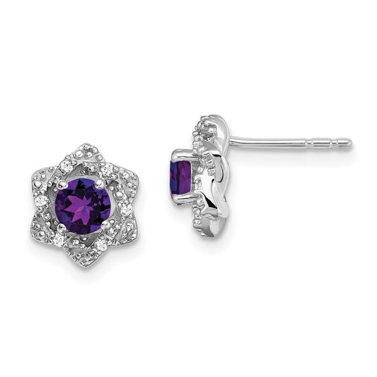 14k White Gold Amethyst and Real Diamond Post Earrings