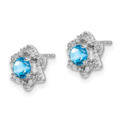 14k White Gold Blue Topaz and Real Diamond Post Earrings