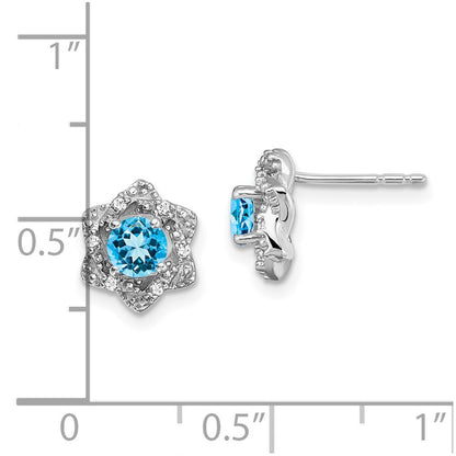 14k White Gold Blue Topaz and Real Diamond Post Earrings