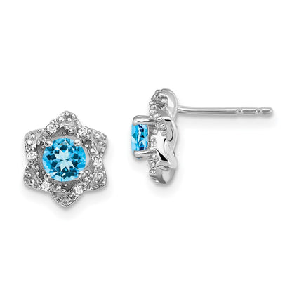 14k White Gold Blue Topaz and Real Diamond Post Earrings