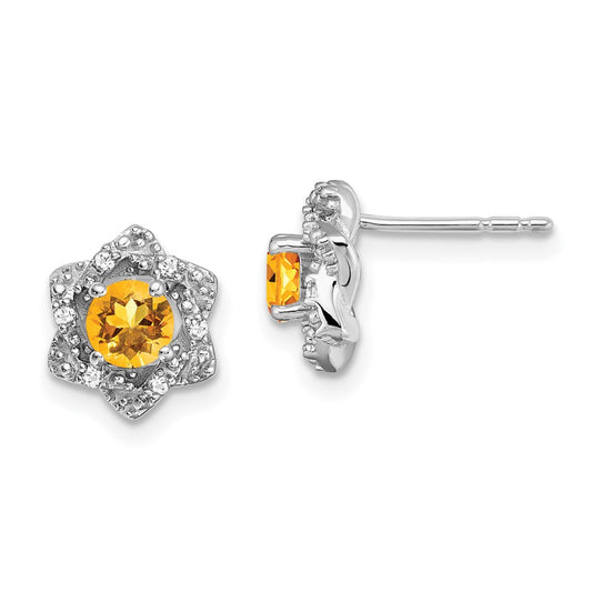 14k White Gold Citrine and Real Diamond Post Earrings