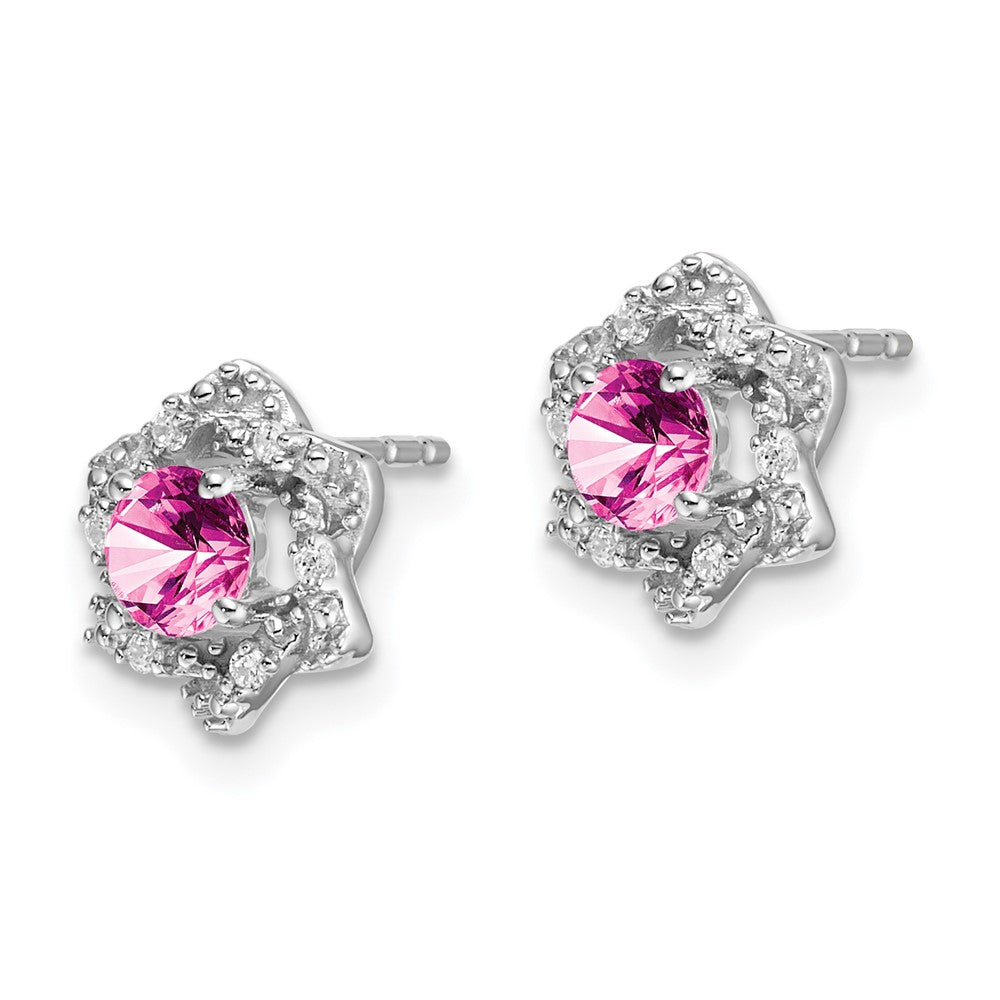 14k White Gold Created Pink Sapphire and Real Diamond Post Earrings