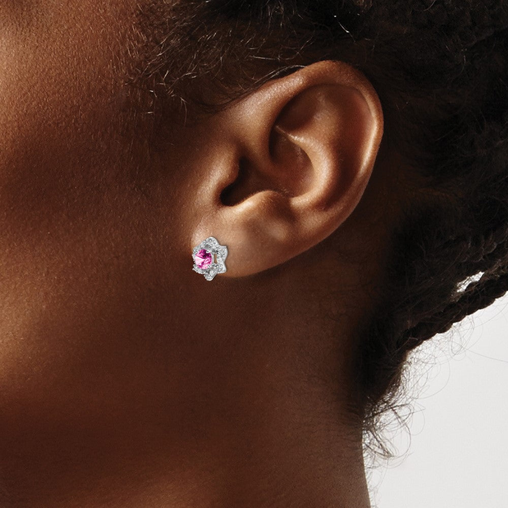 14k White Gold Created Pink Sapphire and Real Diamond Post Earrings