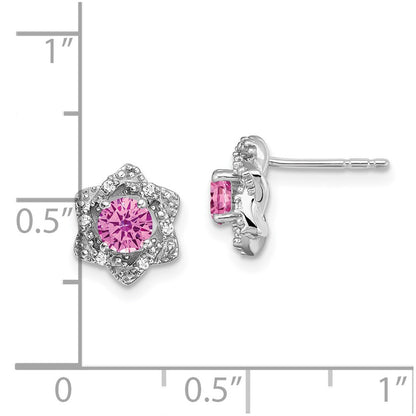 14k White Gold Created Pink Sapphire and Real Diamond Post Earrings