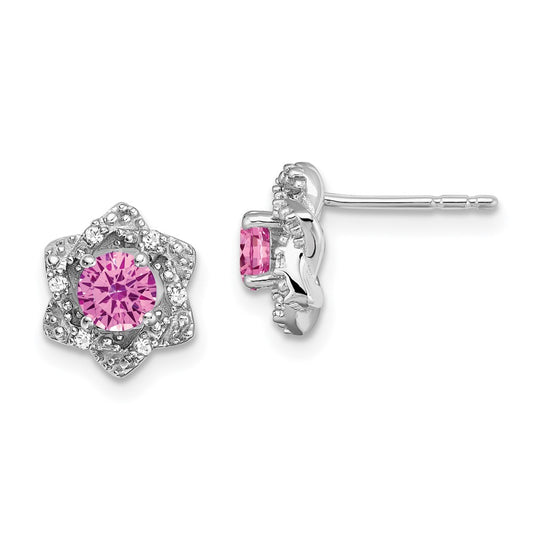 14k White Gold Created Pink Sapphire and Real Diamond Post Earrings