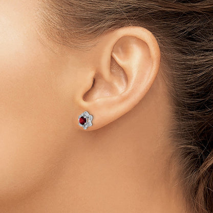 14k White Gold Garnet and Real Diamond Post Earrings