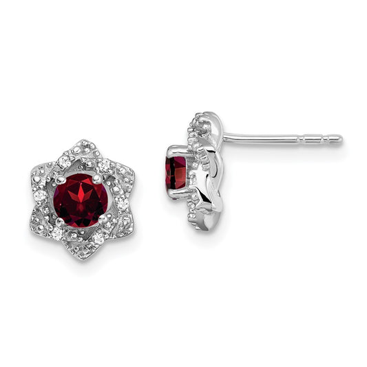 14k White Gold Garnet and Real Diamond Post Earrings