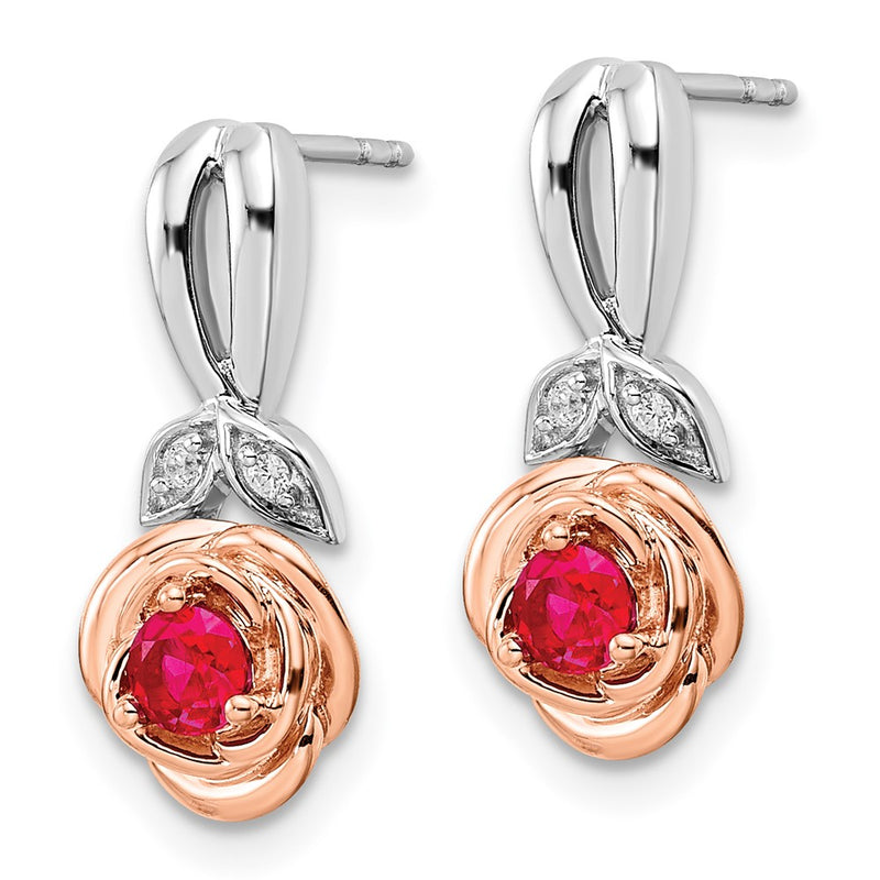 14k Yellow Gold Two-tone White & Rose Ruby and Real Diamond Flower Post Earrings