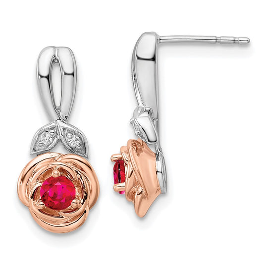 14k Yellow Gold Two-tone White & Rose Ruby and Real Diamond Flower Post Earrings